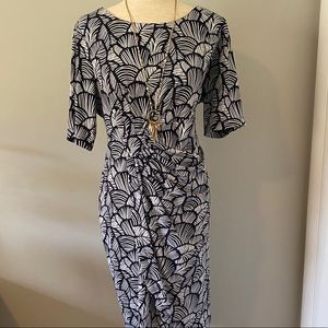 Ruched Faux Wrap Dress with leaf print